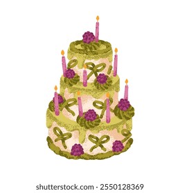 Multi-tiered birthday cake with candles and festive decoration. Sweet layered dessert with cream, frosting, flower decor. Party confectionery. Flat vector illustration isolated on white background