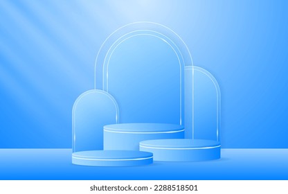 Multi-tiered blue podium with blue curved border and white lines on the back for product presentation. Cosmetic product display. Stage or podium. vector illustration	