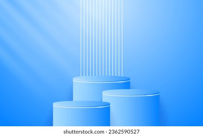 Podio azul de múltiples niveles con elegantes líneas blancas en la parte posterior para la presentación del producto. Presentación de productos cosméticos. Etapa o podio. ilustración vectorial	