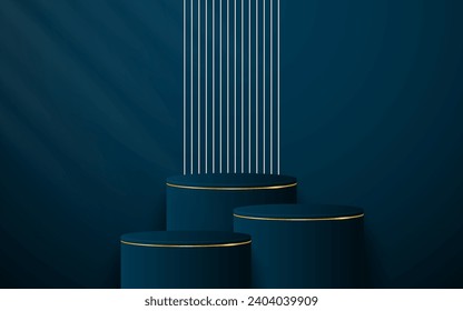 Multi-tiered blue podium with a glowing white line on the back for product presentation. Display of cosmetic products. Stage or podium. vector illustration	