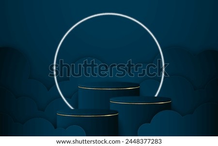 Multi-tiered blue podium with a glowing white circular line on the back with blue Paper cut for product presentation. Display of cosmetic products. Stage or podium. vector illustration	