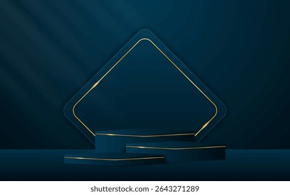 Multi-tiered blue podium with blue squares with elegant gold lines on the back for product presentation. Display of cosmetic products. Stage or podium. vector illustration	