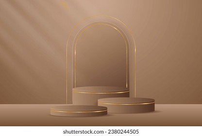 Multi-tiered brown podium with brown curved border and gold lines on the back for advertisement display. Cosmetic product display. Stage or podium. vector illustration	