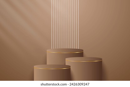 Multi-tiered brown podium with a glowing white line on the back for product presentation. Display of cosmetic products. Stage or podium. vector illustration	