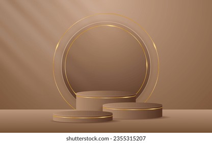 Multi-tiered brown podium has a brown round shape and gold lines on the back for advertisement display. Cosmetic product display. Stage or podium. vector illustration	