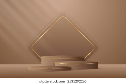 Multi-tiered brown podium with brown squares with elegant gold lines on the back for product presentation. Display of cosmetic products. Stage or podium. vector illustration