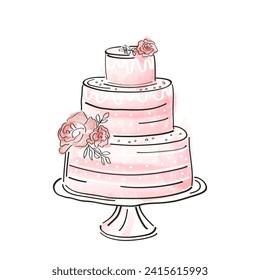 mehrstufiger Kuchen mit Rosen auf einem Ständer, Moderne handgezeichnet, Doodle-Stil und Aquarell einzeln auf weißem Hintergrund. Geburtstagskarte, Hochzeitskarte, Logo-Aufkleber für Bäckerei.