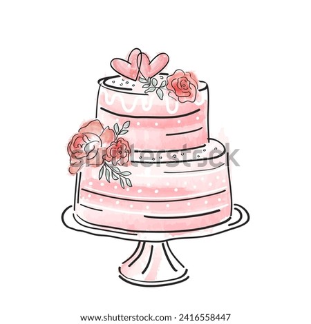 multi-tiered cake, Rosie, hearts, stand. Modern hand drawn, doodle style and watercolor isolated on white background. Wedding card, logo sticker label for bakery.