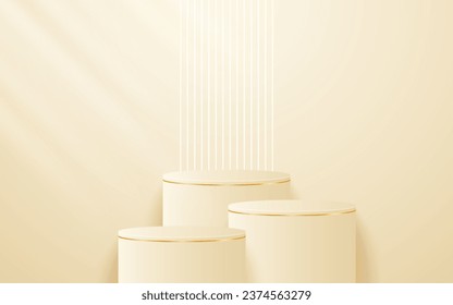 Multi-tiered cream podium with a glowing white line on the back for product presentation. Display of cosmetic products. Stage or podium. vector illustration