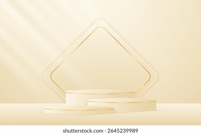 Multi-tiered cream podium with cream squares with elegant gold lines on the back for product presentation. Display of cosmetic products. Stage or podium. vector illustration