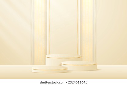 Multi-tiered cream podium with cream stripes with elegant gold lines on the back for product presentation. Cosmetic product display. Stage or podium. vector illustration	