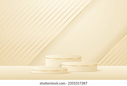 Multi-tiered cream podium with cream stripes with elegant gold lines on the back for product presentation. Cosmetic product display. Stage or podium. vector illustration	