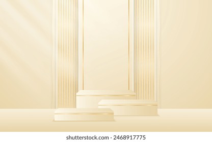 Multi-tiered cream podium with cream stripes with elegant gold lines on the back for product presentation. Cosmetic product display. Stage or podium. vector illustration	