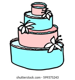 A multi-tiered festive white cake decorated with cream and lilies.