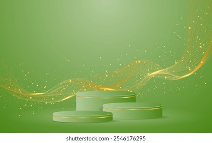 Multi-tiered green podium with elegant gold wave lines on the back for product presentation. Display of cosmetic products. Stage or podium. vector illustration