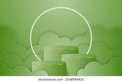 Multi-tiered green podium with a glowing white circular line on the back with green Paper cut for product presentation. Display of cosmetic products. Stage or podium. vector illustration	