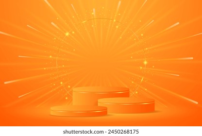 Mehrstufiges orangefarbenes Podium mit eleganten Goldlinien für die besten Auszeichnungen oder Produktpräsentation. Bühne oder Podium. Vektorillustration	