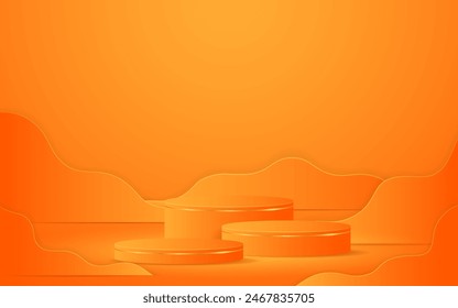 Multi-tiered orange podium with orange Paper cut on the back for product presentation. Display of cosmetic products. Stage or podium. vector illustration