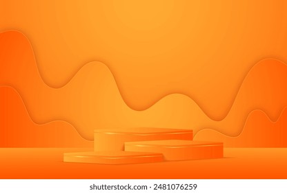 Mehrstufiges orangefarbenes Podium mit orangefarbenem Papier auf der Rückseite zur Produktpräsentation. Anzeige von Kosmetikprodukten. Bühne oder Podium. Vektorillustration	