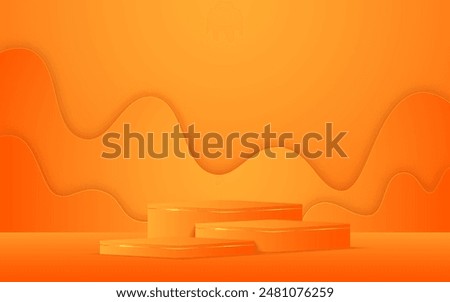 Multi-tiered orange podium with orange Paper cut on the back for product presentation. Display of cosmetic products. Stage or podium. vector illustration	
