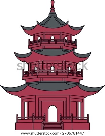 A multi-tiered pagoda structure, featuring curved roofs and intricate detailing, rendered in a striking red and dark grey color palette.