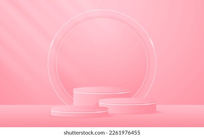 Multi-tiered pink podium is contrasted with elegant white and has a pink circle on the back for product presentation. Display of cosmetic products. Stage or podium. vector illustration