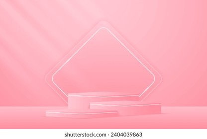 Multi-tiered pink podium with pink squares on the back for product presentation. Display of cosmetic products. stage or podium. vector illustration	
