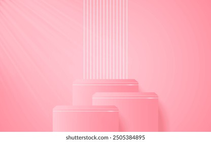 Podio rosa de varios niveles con líneas blancas para la presentación del producto. Exhibición de productos cosméticos. etapa o podio. Ilustración vectorial	