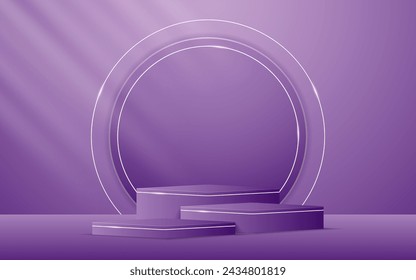 Multi-tiered purple podium with purple circular on the back for product presentation. Display of cosmetic products. stage or podium. vector illustration