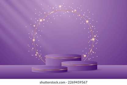 Multi-tiered purple podium with elegant gold lines on the back for product presentation. Cosmetic product display. Stage or podium. vector illustration	