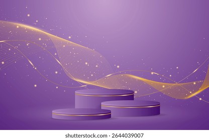 Multi-tiered purple podium with elegant gold wave lines on the back for advertisement display. Display of cosmetic products. Stage or podium. vector illustration	