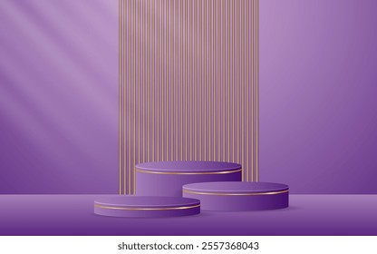 Multi-tiered purple podium with elegant golden lines with brown slatted backdrop for advertisement display. Display of cosmetic products. stage or podium. vector illustration	