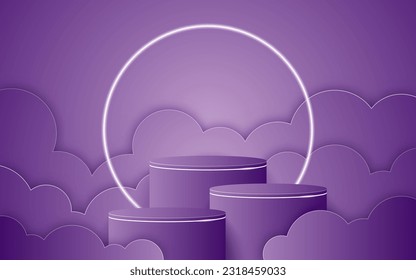 Multi-tiered purple podium with a glowing white circular line on the back with purple Paper cut for product presentation. Display of cosmetic products. Stage or podium. vector illustration
