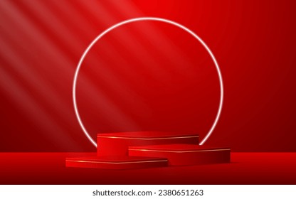 Multi-tiered red podium with a glowing white circular line on the back for product presentation. Display of cosmetic products. Stage or podium. vector illustration	