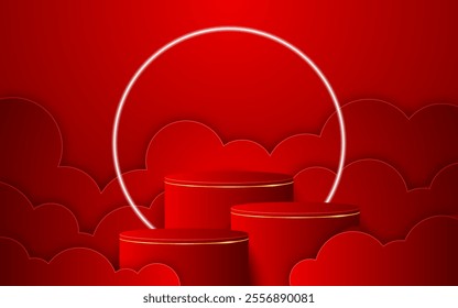 Multi-tiered red podium with a glowing white circular line on the back with red Paper cut for product presentation. Display of cosmetic products. Stage or podium. vector illustration	