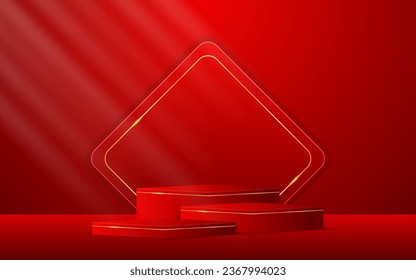 Multi-tiered red podium with red squares with elegant gold lines on the back for product presentation. Display of cosmetic products. Stage or podium. vector illustration	