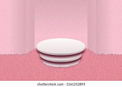 Multi-tiered round white podium on pile fluffy pink carpet. Plastered pink wall with niche. Show platform or pedestal