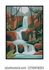 Multi-Tiered Waterfall Flowing Through Tropical Forest