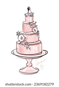 Multi-tiered wedding cake on a stand decorated with roses with a topper of bride and groom figurines. Modern sketch with pink watercolor, vector illustration isolated on white background.