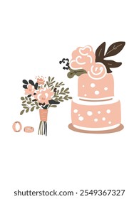 bolo de casamento multi-camadas cercado por um buquê floral e anéis de casamento