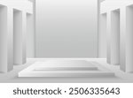Multi-tiered white podium for best awards or product display. Studio or product showroom. Stage or podium. Vector illustration
