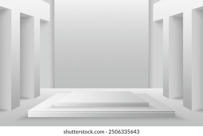 Multi-tiered white podium for best awards or product display. Studio or product showroom. Stage or podium. Vector illustration
