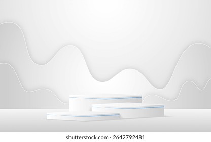 Multi-tiered white podium and elegant blue line with white Paper cut for product presentation. Display of cosmetic products. Stage or podium