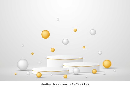 Multi-tiered white podium with elegant gold lines with white and gold balls around it for displaying advertisements. Exhibit cosmetic products. Stage or podium. Vector illustration