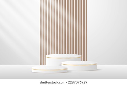 Mehrstufiges weißes Podium mit eleganten goldenen Linien mit braunem Hintergrund für die Anzeige von Werbung. Darstellung kosmetischer Mittel. Bühne oder Podium. Vektorgrafik	