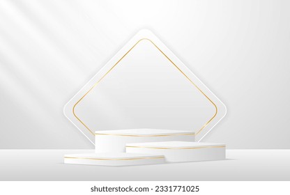 Multi-tiered white podium with white squares with elegant gold lines on the back for product presentation. Display of cosmetic products. Stage or podium. vector illustration	