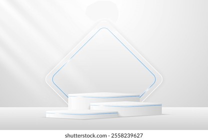 Multi-tiered white podium with white squares with elegant blue lines on the back for product presentation. Display of cosmetic products. Stage or podium. vector illustration	