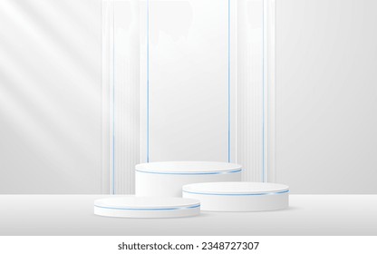 Multi-tiered white podium with a white stripes and elegant blue line on the back for product presentation. Display of cosmetic products. stage or podium. vector illustration	