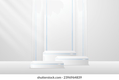 Mehrstufiges weißes Podium mit weißen Streifen und eleganter blauer Linie auf der Rückseite zur Produktpräsentation. Darstellung kosmetischer Mittel. Bühne oder Podium. Vektorgrafik	