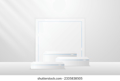 Multi-tiered white podiums with squares shapes and elegant blue lines for displaying advertisements. Display of cosmetic products. stage or podium. vector illustration	